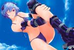  ;o ayanami_rei bikini blue_bikini blue_hair cloud day dutch_angle elbow_pads fingerless_gloves fuyuno_haruaki gloves hair_ornament highres inline_skates knee_pads leg_lift navel neon_genesis_evangelion one_eye_closed rebuild_of_evangelion red_eyes roller_skates scan short_hair skates sky solo swimsuit 