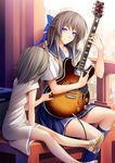  440 bow brown_hair cable dress es-335 guitar hair_bow ibanez instrument long_hair looking_at_another multiple_girls original purple_eyes school_uniform short_hair sitting skirt smile 