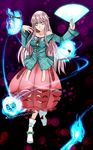  abyss alternate_costume aoshima bubble_skirt floating folded_ponytail ghost hata_no_kokoro highres long_hair long_skirt long_sleeves looking_at_viewer mask pink_eyes pink_hair pink_skirt plaid plaid_shirt saw_(movie) shirt skirt sound_horizon standing touhou translation_request 