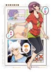  &gt;_&lt; animal_ears bad_id bad_pixiv_id black_hanekawa blue_eyes casual cat_ears collarbone eighth_note eyebrows_visible_through_hair frame hanekawa_tsubasa heart leggings mars_symbol monogatari_(series) multiple_girls musical_note nekomonogatari nude purple_hair senjougahara_hitagi short_hair slit_pupils speech_bubble spit_take spitting spoken_heart spoken_mars_symbol spoken_musical_note spoken_venus_symbol v-shaped_eyebrows venus_symbol yadokugaeru 