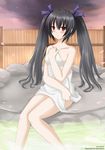  artist_name black_hair blush breasts cherry_blossoms embarrassed highres kazenokaze long_hair medium_breasts neptune_(series) noire onsen red_eyes sitting soaking_feet solo star_(sky) steam towel twintails water 