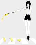  1girl bird black_hair chick crosswalk flag highres long_hair monochrome original sawasawa shorts simple_background solo spot_color twintails 