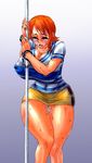  1girl breasts cuffs handcuffs highres huge_breasts large_breasts nami nami_(one_piece) one_piece orange_hair pole short_hair solo sweat wide_hips wrato 