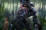  1girl black_hair brown_hair forest gloves goggles goggles_on_head jungle mecha mohawk nature noba original polearm robot science_fiction short_hair spear tree weapon 