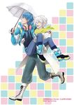  bad_id bad_pixiv_id blue_hair boots carrying clear_(dramatical_murder) dramatical_murder gloves headphones jacket long_coat macaroni_(piyo4508) multiple_boys princess_carry scarf seragaki_aoba smile umbrella white_hair 