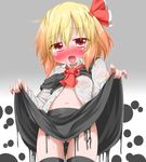 ascot black_legwear blonde_hair blush breasts fang gradient gradient_background hair_ribbon highres looking_at_viewer melting midriff navel oden_(th-inaba) open_clothes open_mouth open_shirt red_eyes ribbon rumia see-through shirt shirt_lift skirt skirt_lift small_breasts solo sweat thighhighs touhou vest_lift zettai_ryouiki 