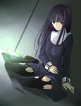  asagami_fujino bangs black_legwear blunt_bangs dress dutch_angle hand_on_own_chest highres hime_cut kara_no_kyoukai kauto long_hair open_mouth pantyhose purple_hair red_eyes school_uniform sitting solo torn_clothes torn_legwear yokozuwari 