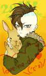  animal bad_id bad_pixiv_id brown_hair bunny coat fudou_akio green_eyes holding holding_animal inazuma_eleven inazuma_eleven_(series) male_focus mohawk sketch 