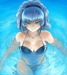  1girl abiko_yuuji aqua_centolm banpresto bare_shoulders bikini blue_hair breasts cleavage green_eyes hairband pool short_hair smile solo super_robot_wars super_robot_wars_mx super_robot_wars_original_generation swimsuit water 