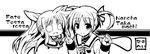  bardiche blush character_name chibi fate_testarossa greyscale hair_ribbon long_hair long_sleeves lyrical_nanoha mahou_shoujo_lyrical_nanoha mahou_shoujo_lyrical_nanoha_a's monochrome multiple_girls open_mouth raising_heart ribbon school_uniform seishou_elementary_school_uniform sen_(astronomy) short_twintails smile takamachi_nanoha twintails 