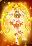  blonde_hair boots bow choker cure_sunshine hair_ribbon heart heartcatch_precure! hyt178 knee_boots long_hair looking_at_viewer magical_girl midriff myoudouin_itsuki navel open_mouth orange_bow orange_choker orange_skirt precure ribbon skirt solo twintails yellow_background yellow_bow yellow_eyes 
