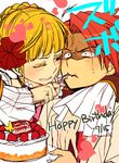  1girl arm_around_neck beatrice birthday_cake blonde_hair blue_eyes bug butterfly cake dated feeding flower food force_feeding fruit hair_flower hair_ornament happy_birthday heart insect mizuno_eita one_eye_closed red_hair rose shaded_face smirk strawberry sweat umineko_no_naku_koro_ni ushiromiya_battler 