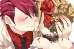  1girl bare_shoulders beatrice blush cheek_kiss choker closed_eyes collared_shirt couple flower hair_bun hair_flower hair_ornament hand_in_hair heart hetero kiss lovemaronmeru0827 necktie rose shirt umineko_no_naku_koro_ni ushiromiya_battler 