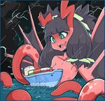  black_hair broken_horn bunches evdokiya_infernalis flat_chest giantess green_eyes hair_ribbon horns imagining long_hair low-tied_long_hair monster_girl nude original pink_skin quad_tails rain ribbon sharp_teeth ship slugbox solo storm teeth tentacles watercraft 