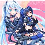  black_hair black_heart blue_eyes blue_hair blue_legwear boots breasts detached_sleeves dual_persona elbow_gloves gloves kami_jigen_game_neptune_v long_hair looking_at_viewer medium_breasts monchi_(kashiwa2519) multiple_girls navel neptune_(series) noire red_eyes skirt thigh_boots thighhighs twintails very_long_hair 