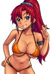 bare_shoulders bellows_(suisei_no_gargantia) bikini blue_eyes blush breasts cleavage earrings grin hand_on_hip jewelry kasanui large_breasts leaning_forward long_hair looking_at_viewer navel ponytail red_hair smile solo suisei_no_gargantia swimsuit v 