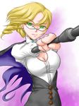  ^jj^ blonde_hair breasts cleavage cleavage_cutout foreshortening glasses glynda_goodwitch green_eyes medium_breasts rwby solo wand 