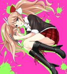  bad_id bad_pixiv_id balisong blush boots cross-laced_footwear danganronpa danganronpa_1 enoshima_junko freckles gyaru highres ikusaba_mukuro knee_boots knife kogal long_hair open_mouth pink_hair pleated_skirt sakuma_shiiya school_uniform short_sleeves silver_eyes skirt sleeves_rolled_up solo twintails weapon 