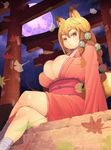  animal_ears breasts bursting_breasts cleavage crossed_legs fox_ears fox_tail huge_breasts japanese_clothes leaf lionel_nakamura original red_eyes solo tail torii 
