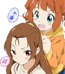  :d blue_eyes blush brown_hair crossover dokidoki!_precure eighth_note face idolmaster idolmaster_(classic) kugimiya_rie long_hair look-alike madoka_aguri minase_iori multiple_girls musical_note open_mouth orange_hair precure red_eyes seiyuu_connection short_hair simple_background smile speech_bubble spoken_blush spoken_musical_note takatsuki_yayoi umanosuke white_background 