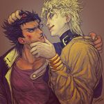  black_hair blonde_hair blood bracer chain curly_hair dio_brando earrings eyelashes fangs fingernails hand_on_another's_chin hand_on_another's_face hand_on_another's_head hat headband highres injury jacket jewelry jojo_no_kimyou_na_bouken kuujou_joutarou licking_lips lips multiple_boys nail_polish realistic red_eyes red_nails sharp_fingernails shirt signature skin_tight taut_clothes taut_shirt tongue tongue_out turtleneck yamyanm.k yellow_jacket 
