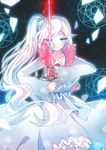  blood blue_eyes broken_glass dress earrings emia_wang frills glass jacket jewelry long_hair magic_circle myrtenaster necklace ponytail rapier rwby scar side_ponytail snowflakes solo star_(sky) sword very_long_hair weapon weiss_schnee white_dress white_hair 
