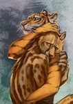  abstract_background ambiguous_gender anthro blackpassion777 cheetah couple duo feline hug king_cheetah looking_at_viewer mammal orange_eyes tiger whiskers yellow_eyes 