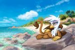  amber_eyes avian beach beak brown_feathers brown_fur cloud clouds crossed_legs female feral friendship_is_magic fur gilda_(mlp) gryphon karol_pawlinski lying my_little_pony on_rock on_side outside palm_tree reclining rock sand seaside self_reflection sky solo summer tail_tuft thinking tree tuft wallpaper water white_feathers wings 