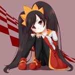  ashley_(warioware) bad_id bad_pixiv_id black_hair checkered dress hands_on_own_knees hikataso long_hair looking_at_viewer pantyhose red_eyes shadow sitting solo stuffed_animal stuffed_toy twintails warioware 