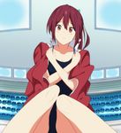  3: competition_swimsuit embarrassed free! jacket jacket_on_shoulders kaiman matsuoka_gou one-piece_swimsuit open_clothes ponytail pool red_eyes red_hair shirt solo swimsuit track_jacket wading water 