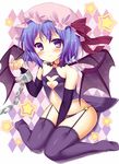  alternate_costume argyle argyle_background bare_shoulders bat_wings bekotarou black_legwear blue_hair blush chain chained cuffs garter_straps gauntlets hat highres looking_at_viewer midriff purple_eyes remilia_scarlet shackles sitting solo star thighhighs touhou wariza wings 