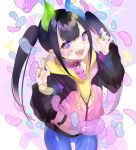  +_+ 1girl :d aano_(10bit) bandaid bandaid_on_face bangs black_hair blue_nails blue_pants candy choker claw_pose cowboy_shot drawstring eyebrows_visible_through_hair fangs food green_nails hands_up highres hood hood_down hoodie horns jacket jelly_bean long_hair long_sleeves looking_at_viewer multicolored multicolored_nails nail_polish open_mouth original pants partially_unzipped pink_choker pink_jacket pointy_ears puffy_sleeves purple_eyes raglan_sleeves red_nails sidelocks smile solo standing twintails v-shaped_eyebrows yellow_hoodie yellow_nails zipper zipper_pull_tab 