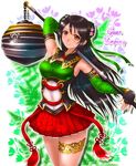  arm_up black_hair boken_fantasy brown_eyes fingerless_gloves gloves grin guan_yinping highres long_hair looking_at_viewer mace polearm shin_sangoku_musou shin_sangoku_musou_7 skirt smile solo weapon 