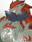  agemono blue_eyes blush canine claws cum cum_on_feet elbow_tufts female feral fox hair hindpaw looking_at_viewer mammal nintendo open_mouth paws plain_background pointy_ears pok&#233;mon pok&eacute;mon red_hair smile solo teeth video_games zoroark 