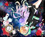  1girl ahoge bouquet braid brown_hair card circle clock cup danganronpa danganronpa_1 flower gears gloves green_eyes hair_ribbon hood hoodie jacket kirigiri_kyouko long_hair naegi_makoto playing_card pocket_watch purple_eyes purple_hair ribbon roman_numerals rose school_uniform short_hair silk single_braid skirt spider_web square teacup teapot triangle watch yuyu_(spika) 