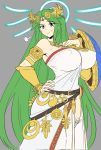  1girl armlet breasts erect_nipples eyebrows_visible_through_hair full_body goddess green_eyes hair_ornament highres jewelry kid_icarus kid_icarus_uprising large_breasts long_hair looking_at_viewer mario_(series) matsu-sensei multicolored nintendo palutena shield simple_background smile smug solo super_mario_bros. super_smash_bros. very_long_hair 