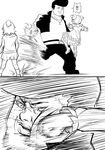  1boy 2girls aida_mana comic dokidoki!_precure fighting greyscale hunter_x_hunter monochrome multiple_girls ogry_ching parody precure punching yotsuba_alice younger 