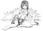  barefoot bow bunny colored_pencil_(medium) detached_sleeves greyscale highres houraisan_kaguya long_hair long_sleeves looking_at_viewer monochrome open_mouth oshake shirt sitting skirt solo too_many too_many_bunnies touhou traditional_media wide_sleeves 