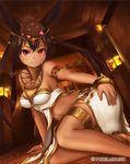  animal animal_ears animal_on_head anklet armlet bastet blush bracelet brown_hair cat cat_on_head circlet dark_skin egyptian_clothes jewelry long_hair midriff on_head original red_eyes skirt smile solo ss39 thigh_strap 