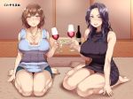  2girls bare_legs bare_shoulders blush bottle breasts brown_hair cleavage closed_mouth collarbone commentary_request cup drinking_glass erect_nipples highres indoors kayumidome large_breasts lips long_hair looking_at_viewer multiple_girls naughty_face original purple_eyes purple_hair shiny shiny_hair short_hair sitting smile tongue tongue_out wavy_hair wine_bottle wine_glass 