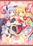  :d :o animal_ears barefoot bell blonde_hair bloomers cat_ears cat_tail dress fang flandre_scarlet garters hair_ribbon heart heart_tail_duo kemonomimi_mode leg_garter mimi_(mimi_puru) multiple_girls no_hat no_headwear open_mouth purple_hair red_eyes remilia_scarlet ribbon short_hair siblings sisters smile strapless strapless_dress tail touhou underwear 