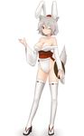  aki_akane animal_ears breasts bunny_ears cleavage clog_sandals fake_animal_ears hat highres inubashiri_momiji japanese_clothes leotard medium_breasts one_eye_closed red_eyes short_hair silver_hair solo tail thighhighs tokin_hat touhou tray white_legwear wolf_ears wolf_tail 