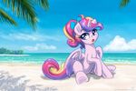  beach cloud clouds equine female feral friendship_is_magic fur hair horn horse karol_pawlinski mammal multi-colored_hair my_little_pony open_mouth pink_feathers pink_fur pony princess_cadance_(mlp) purple_eyes ribbons sand seaside sky solo tree water winged_unicorn wings 