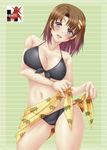  ayato bikini black_bikini blue_eyes blush breasts brown_hair cleavage front-tie_top hair_cubes hair_ornament halterneck highres horizontal-striped_background large_breasts lowleg lowleg_bikini lyrical_nanoha mahou_shoujo_lyrical_nanoha_strikers navel orange_sarong parted_lips print_sarong sarong shiny shiny_skin short_hair solo striped striped_background swimsuit translucent_sarong yagami_hayate 