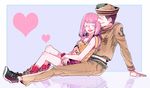 1girl black_hair couple dixie_cup_hat hat heart hetero higashikata_jousuke_(jojolion) hirose_yasuho jojo_no_kimyou_na_bouken jojolion military_hat pink_hair sailor tsuki_(artist) 