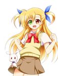  azumaya_hironaru blonde_hair bunny green_eyes hair_ribbon heterochromia long_hair lyrical_nanoha mahou_shoujo_lyrical_nanoha_vivid open_mouth red_eyes ribbon sacred_heart short_sleeves skirt solo sweater_vest two_side_up vivio white_background 