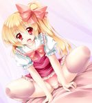  :d blonde_hair bow flandre_scarlet hair_bow highres kamiya_tomoe long_hair looking_at_viewer no_hat no_headwear open_mouth panties pantyshot pantyshot_(sitting) pantyshot_(squatting) pink_legwear pink_panties puffy_sleeves red_eyes red_skirt short_sleeves side_ponytail sitting skirt smile solo spread_legs squatting thighhighs touhou underwear 