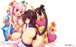  animal_ears ass black_hair black_panties bow breasts cat_ears cat_tail fang heart highres large_breasts long_hair looking_at_viewer mia_flatpaddy multiple_girls original panties pink_hair polka_dot polka_dot_panties red_eyes shia_flatpaddy syroh tail thighhighs underwear v 