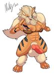  abs animal_genitalia anthro arcanine balls big_balls black_nose bottomless bra breasts canine canine_penis chest_tuft claws dickgirl digitigrade erection flashing fur intersex knot leg_tuft looking_at_viewer mammal melkiah nintendo nipples penis plain_background pok&#233;mon pok&eacute;mon simple_background solo stripes toe_claws tuft underwear video_games white_background 