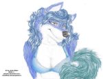  anthro bipedal black_nose blue_ears blue_fur blue_hair bra bust canine colored_pencil_(art) countershading ears_up female fox fur grey_eyes hair hands_behind_back happy janston mammal plain_background pointy_ears portrait pose shy smile solo teal_fur underwear white_background white_countershading wolf 
